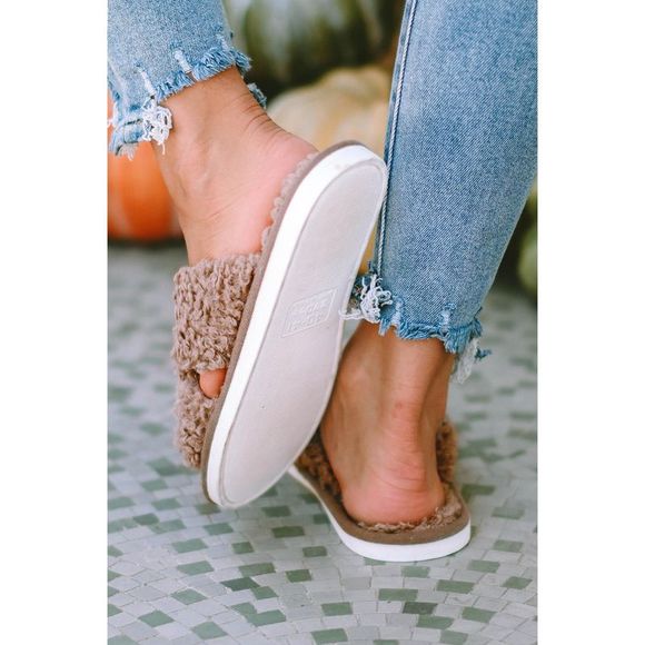 Azura Exchange  Brown Teddy Fur Cross Straps Home Slippers - Picture 3 of 13